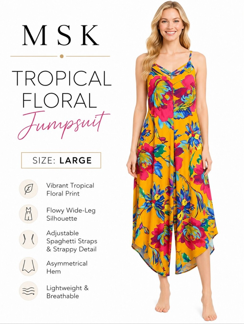 MSK Tropical Floral Asymmetrical Hem Wide Leg Jumpsuit